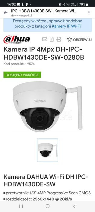 Sprzedam 4 kamery IP 4Mpx DAHUA Wi-Fi DH IPC-HDBW1430DE-SW