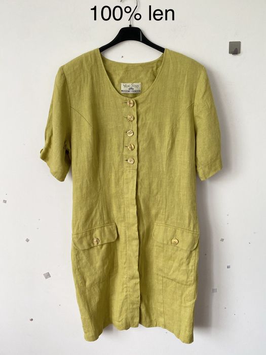 Lniana limonkowa sukienka guziki gruby len vintage kieszenie