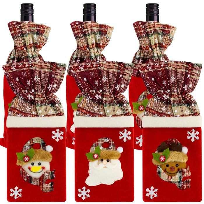 ŚWIĄTECZNY POKROWIEC Na Butelkę ETUI Wino Dekoracja Mikołaj 3 sztuki