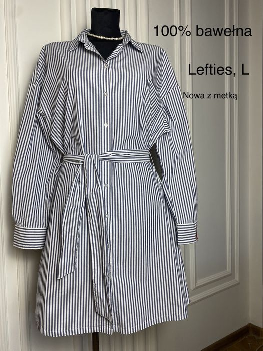 Nowa sukienka koszulowa krótka  w paski biała 40 L Lefties bawełna