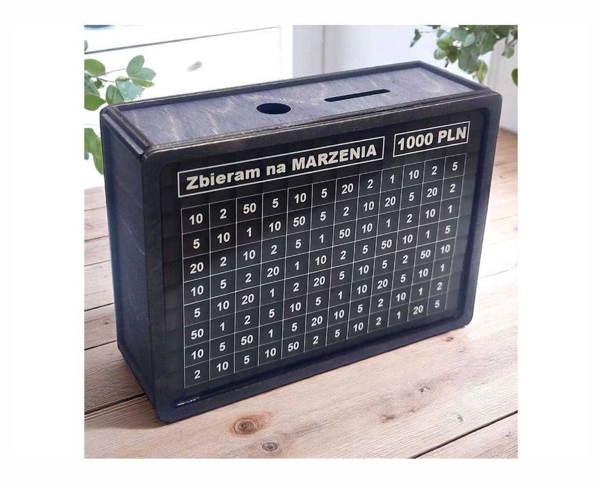 SKARBONKA DREWNIANA Wykreślanka 3 Karty 1000 zł 2000 zł 3000 zł Pisak