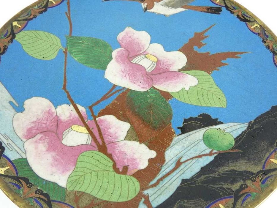 PATERA talerz emalia CLOISONNE ptak kwiat kamelia magnolia 30,5 cm