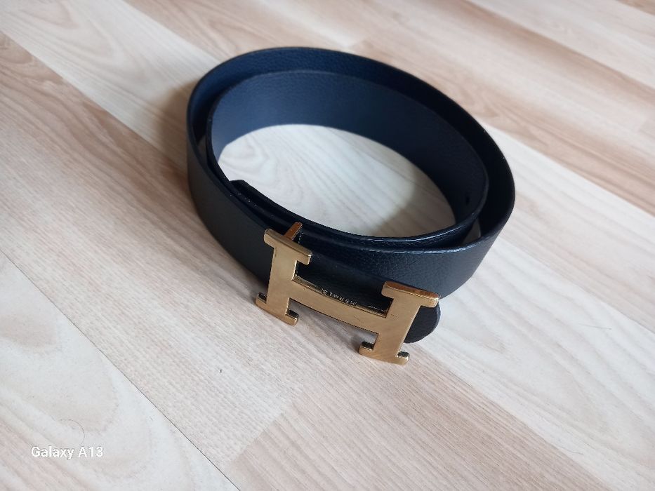 Hermes czarny pas złota klamra 108cm