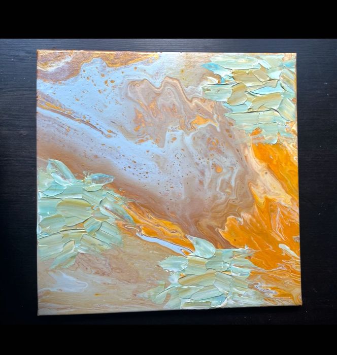 Obraz abstrakcyjny ręcznie malowany 40x40 cm akryl + szpachla złoto mieta