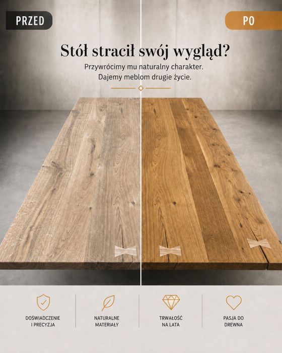 Stół dębowy z litego drewna — nowe wykończenie / renowacja