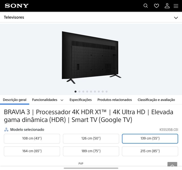 Smart TV Sony BRAVIA 3 55" (K-55S35B.CEI) - 4K HDR / Google TV - Novo