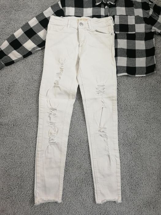 Białe spodnie Zara koszula w kratę H&M 152 bdb