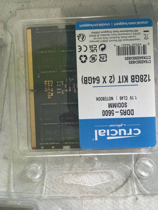 Пам'ять Crucial DDR5 128GB (2x64GB) 5600MHz SODIMM для ноутбука (Нова) (CT2K64G56C46S5)