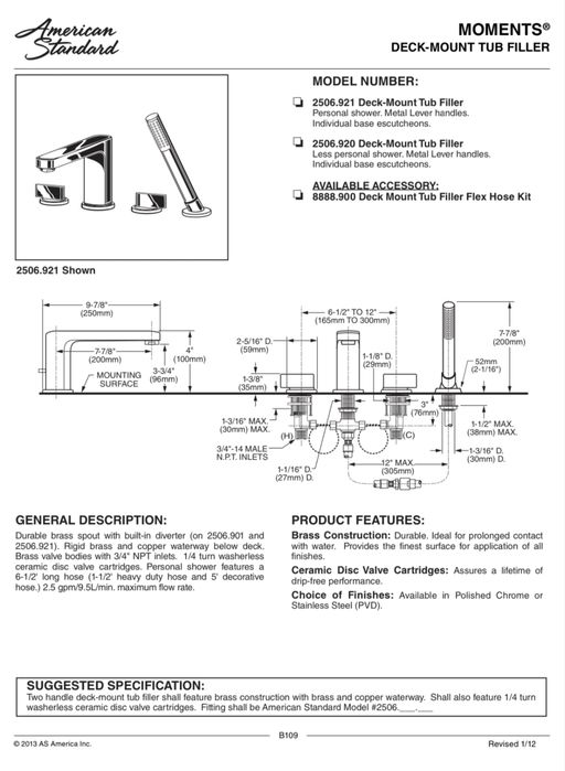Врізний змішувач для ванни American Standard (хром, нікель, сталь)
