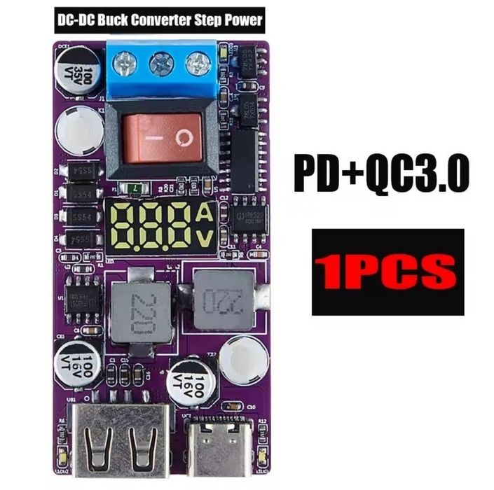 понижуючий перетворювач 12–24В, USB-A+USB-C PD/QC 30Вт швидка заряд