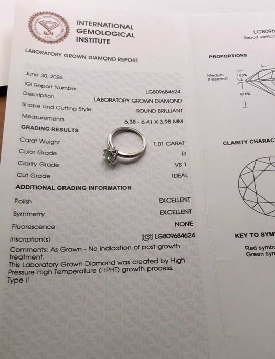 Кольцо белое золото бриллиант 1.01 ct сертификат