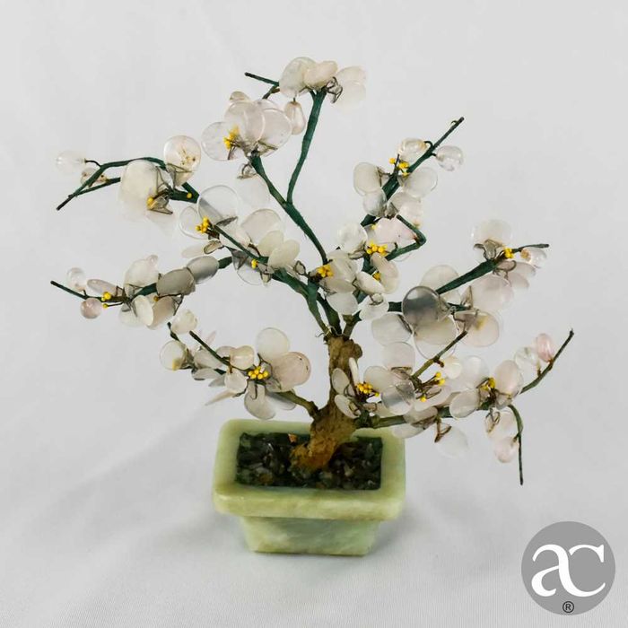 Vaso bonsai flores de amendoeira China, feito em pedra, quartzo e jade