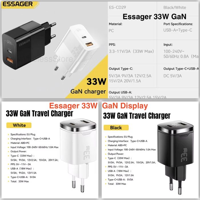 Швидка GaN зарядка PD QC 65w 67w Asometech Essager Baseus Toocki 33w