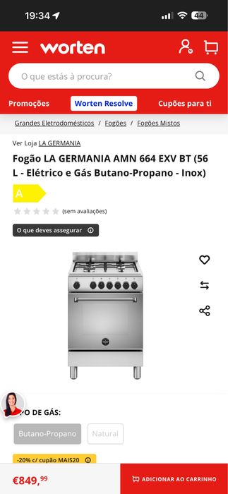 Fogão  a gas LA GERMANIA AMN 664 EXV BT (56 L - Elétrico e Gás Butano