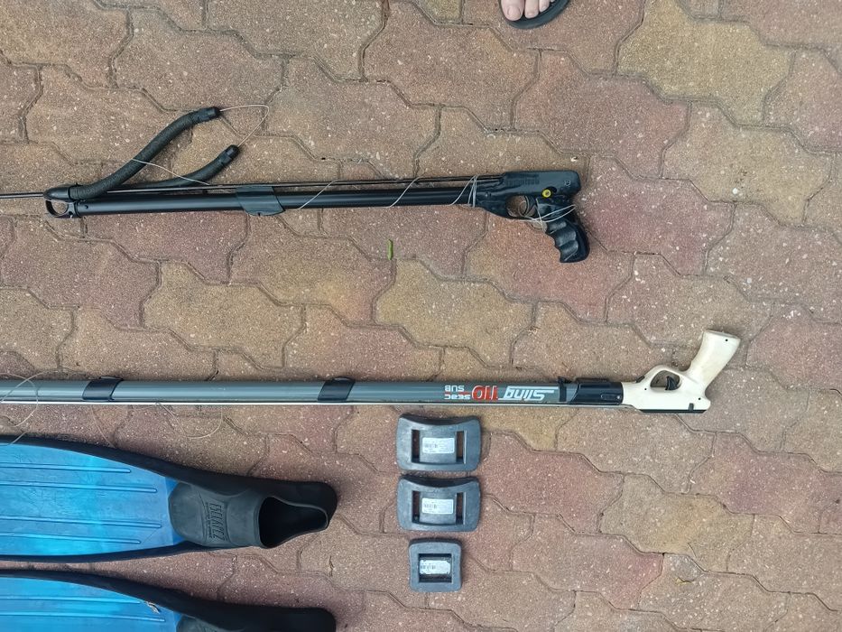 Espingardas de caça submarina TECNISUB 75cm e sting 110 + barbatanas ESCAPEZ + 5 kg de chumbos de cintura novos