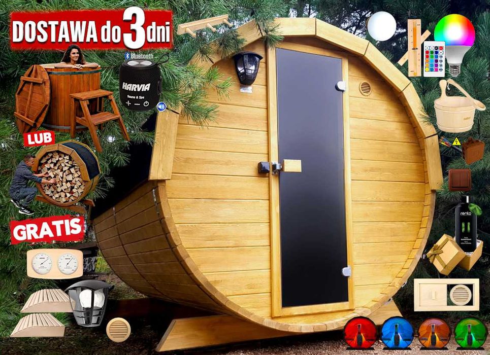 SAUNA Ogrodowa 200 cm + GRATIS Beczka / Wiata + Akcesoria