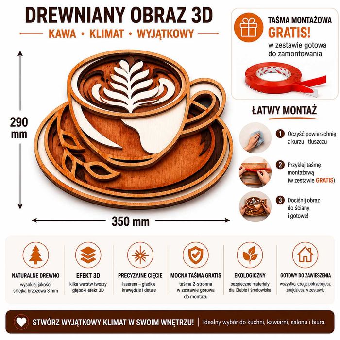 OBRAZ AŻUROWY Obrazy do KUCHNI na ścianę 3d KAWA Filiżanka kubek Kawiarnia