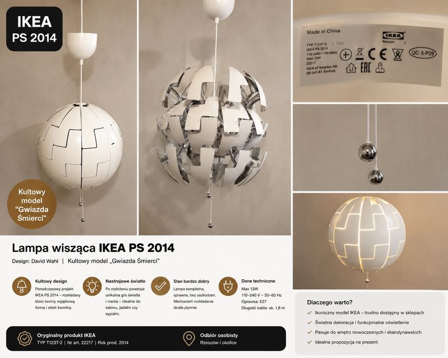 Lampa wisząca IKEA PS 2014 „Gwiazda Śmierci” – oryginał, kompletna, bi