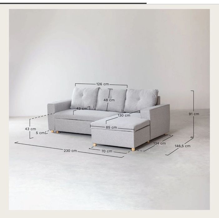 Sofá-cama chaise longue de 3 lugares em tecido