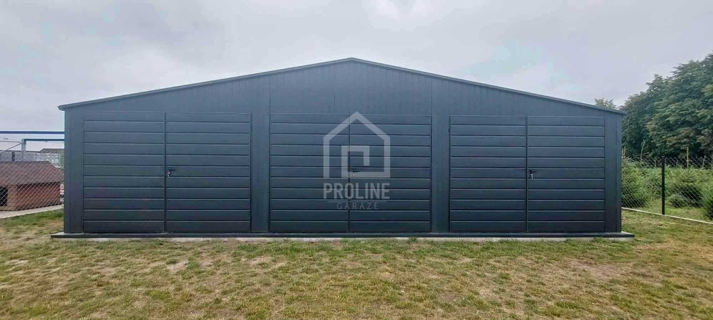 Garaż blaszany 10x6m 3x Brama Rynny Antracyt - Dach dwuspadowy PLG184
