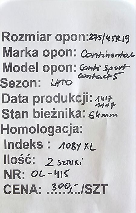 275/45R19 Continental Conti Sport 5 Lato
