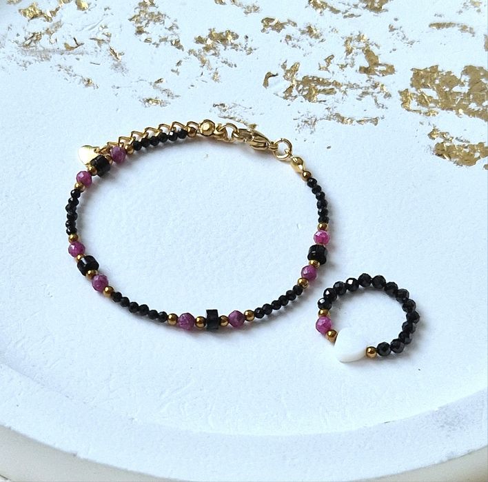Bransoletka handmade z kamieni turmalin rubin  + pierścionek  gratis