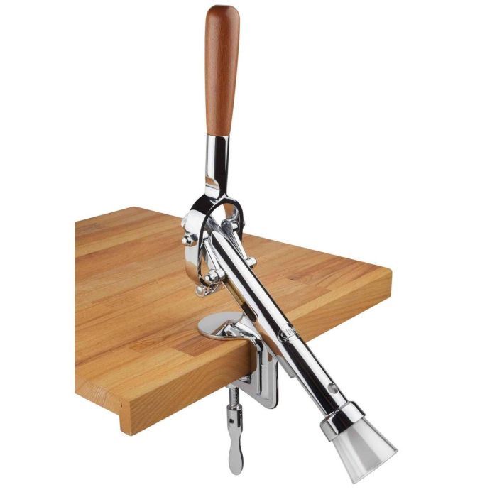 Saca rolhas de mesa com cabo em madeira cromado e dourado