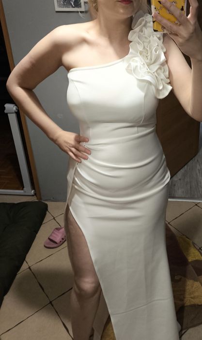 Biała suknia sukienka ślub cywilny długa jednoramienna