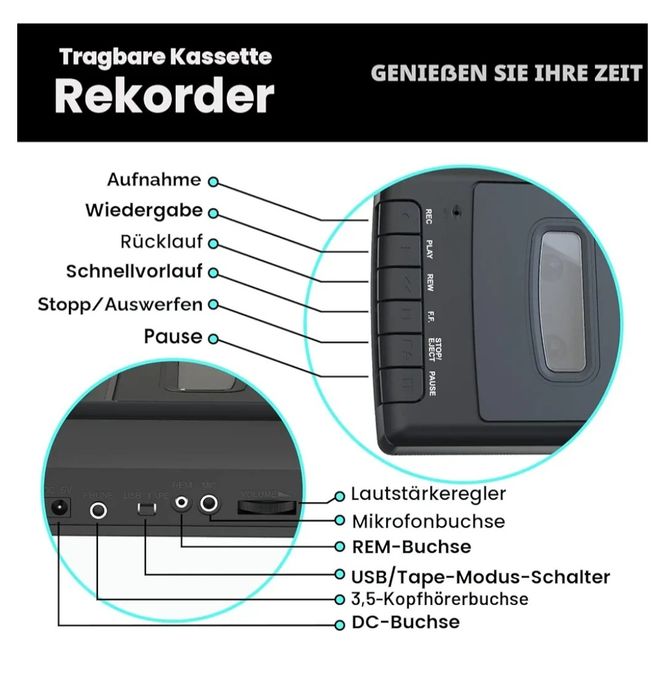 Портативний касетний магнітофон, касетний програвач, оцифровувач на USB з ручкою, навушниками, мікрофоном, динаміком