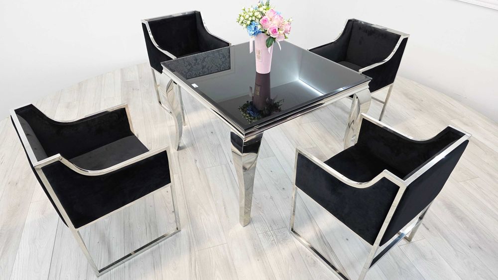 Jadalnia Glamour – Stół Ludwik 100x100 + 4 Krzesła Queen