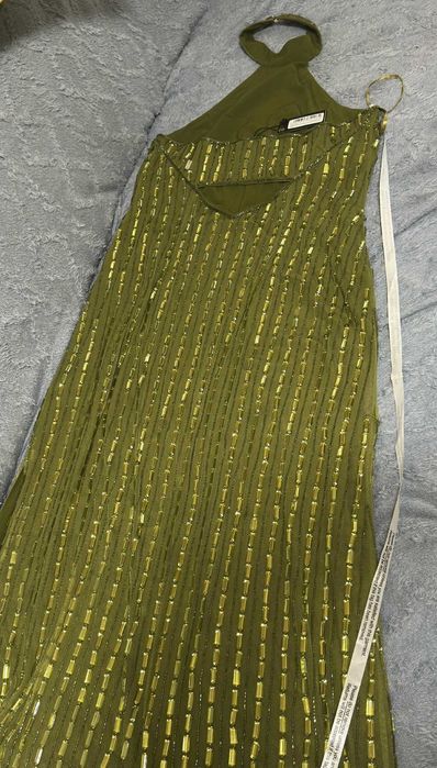 Warehouse Sukienka maxi oliwkowa kamienie galamour wesele S/M GRATIS