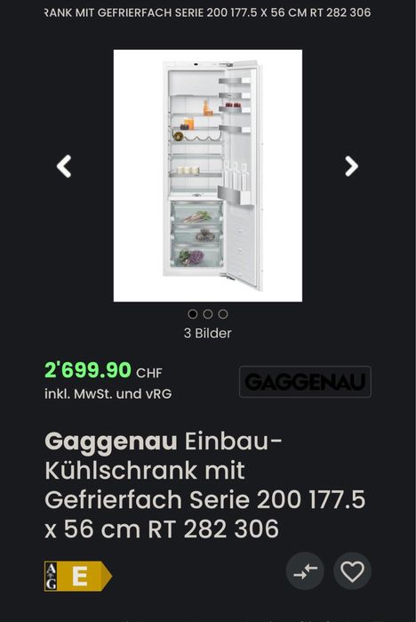 Frigorifico encastre GAGGENAU Serie 200 Frigorífico 177.5 x 56 cm
