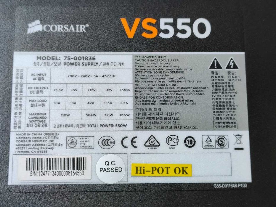 Zasilacz Komputerowy Corsair VS-550 550 W 80 PLUS ATX SATA Molex GPU
