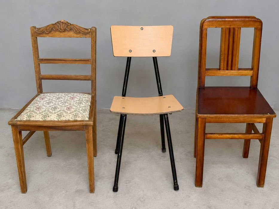 Lote 3 Cadeiras Antigas/Vintage – Madeira + Industrial