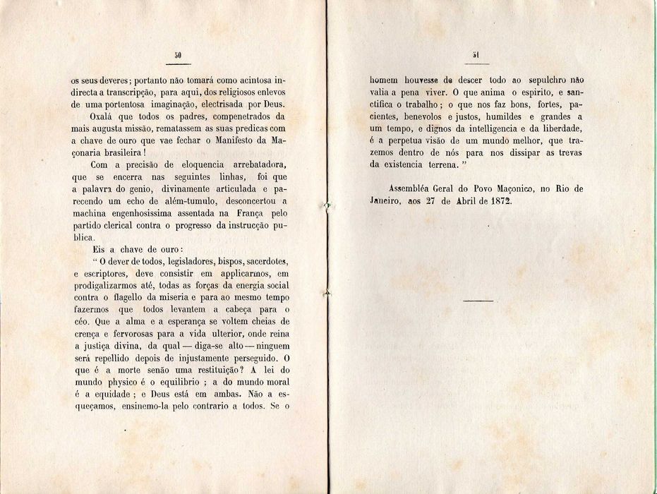 RARÍSSIMO Manifesto da Maçonaria do Brasil - Rio de Janeiro - 1872 !!!