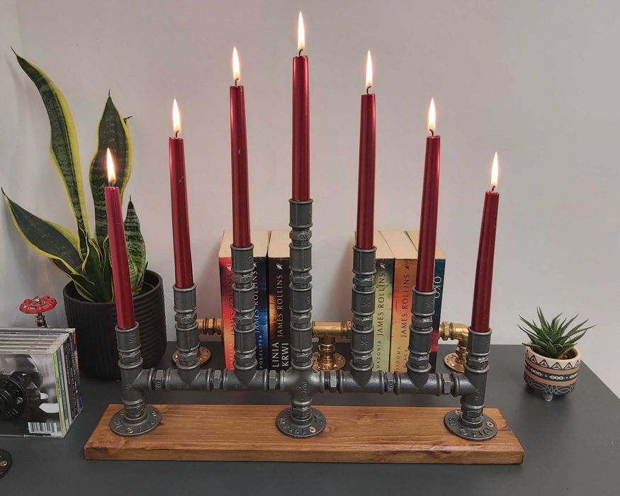 -> Ekskluzywny świecznik industrialny 7-punktowy – rękodzieło loft, design - drewno-metal.