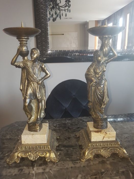 Piękne świeczniki figurka posąg mosiądz granit Antyk 2szt.