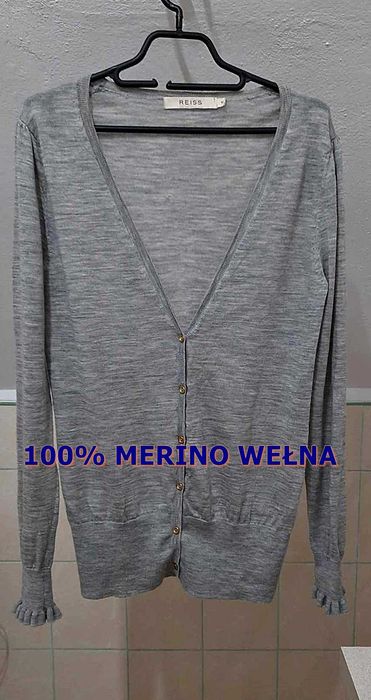Kardigan szary 100% REISS  marino wełna grey bez wad rozciągliwy