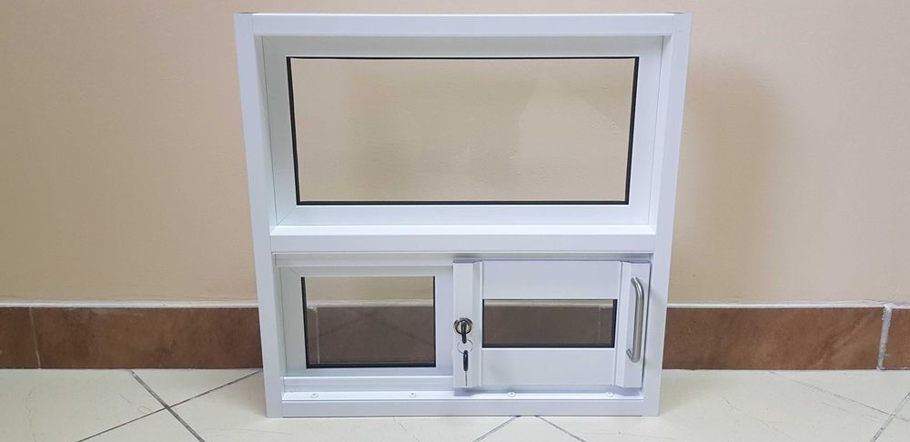 Okno podawcze do kontenera stróżówki przesuwne,wydawcze, aluminiowe