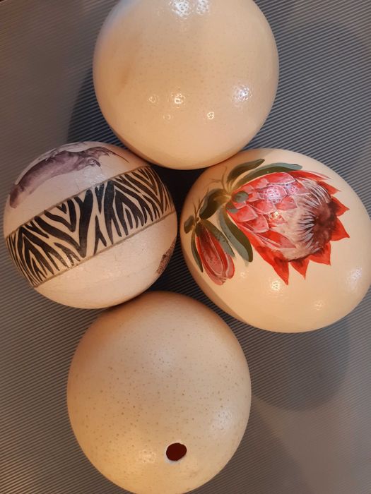 Artesanato antigo ovo de avestruz vazios e pintados à mão