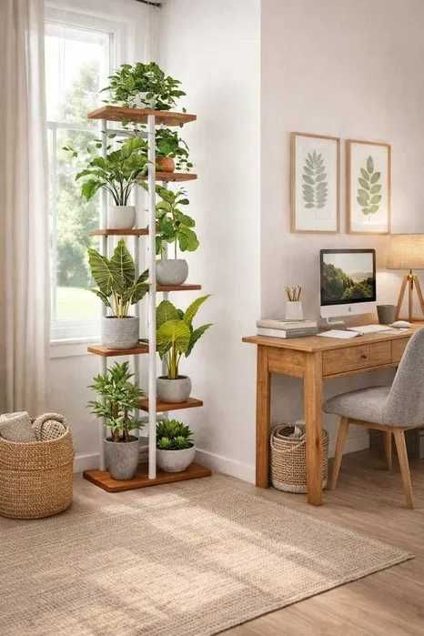 Kwietnik Metalowy Stojący 120cm Loft Półki Na Kwiaty Dąb Wysoki