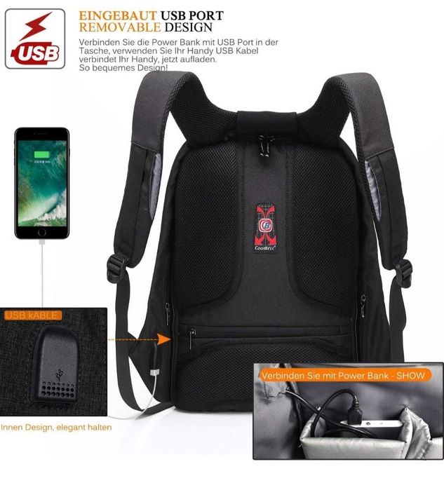 CoolBELL plecak antykradzieżowy na laptopa port ładowania USB