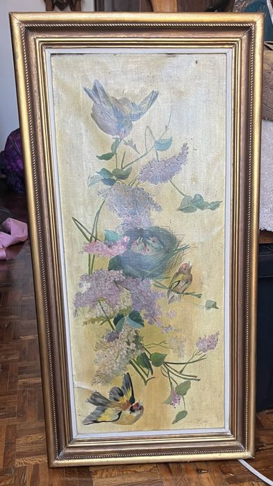 Quadro Antigo - Pintura a Óleo Natureza Viva (Aves e Flores) - 71x36 cm