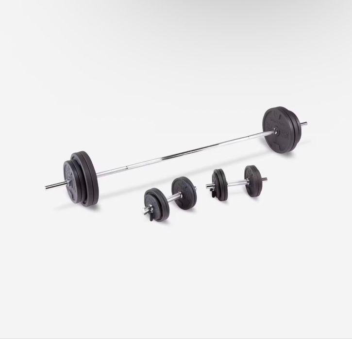 Conjunto Set Musculação 93kg Barra Halteres e Banco de Supino