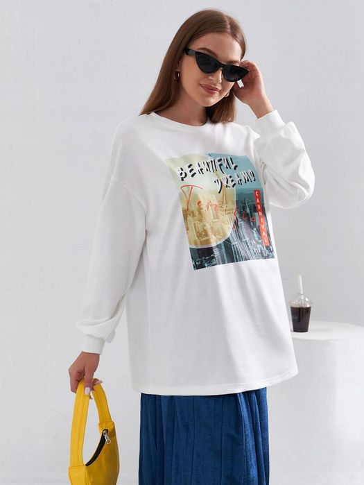 Bluza Oversize Casual Z Nadrukiem Biała L 40