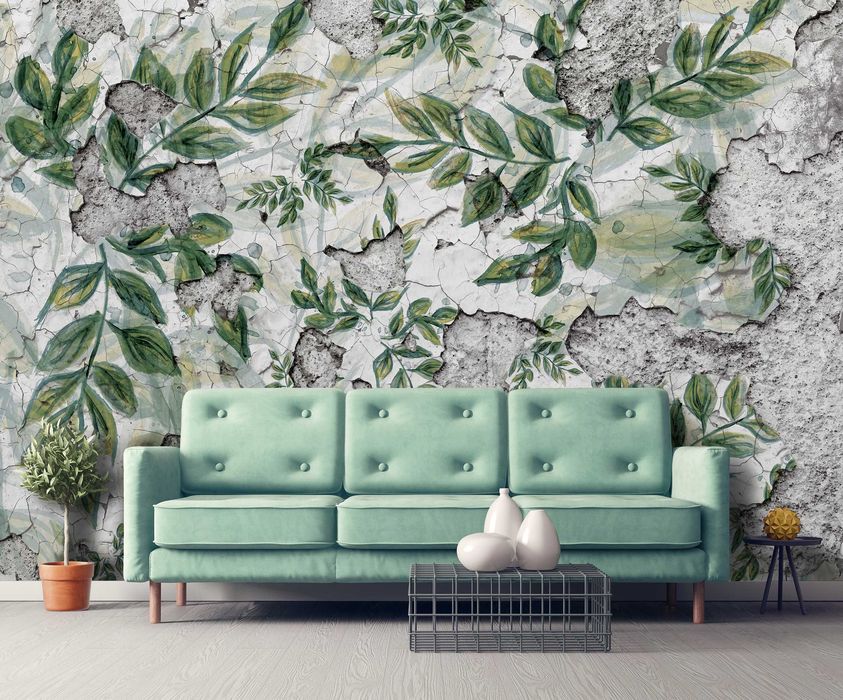 Fototapeta Boho Liście Beton Ściana Loft 3D Twój Rozmiar + KLEJ