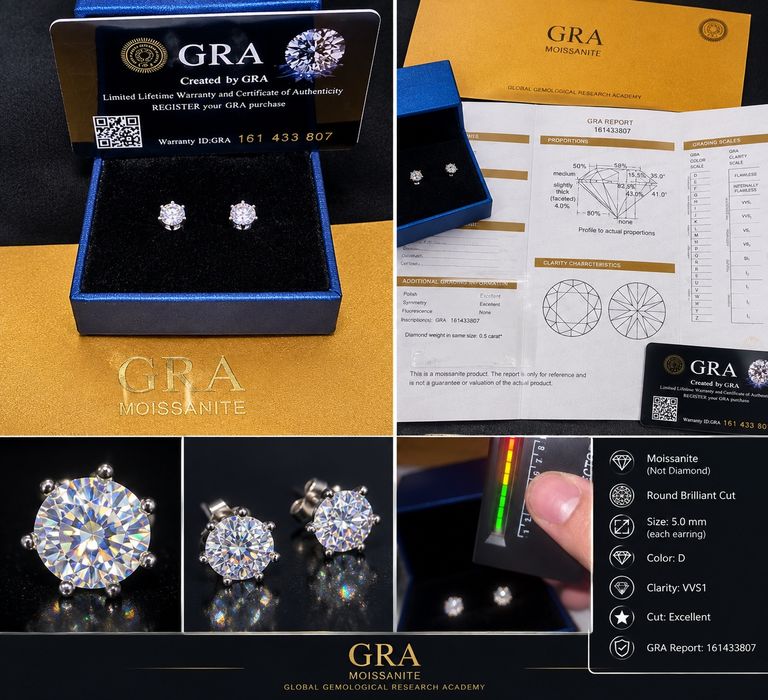 Brincos de Moissanite GRA 5mm com Certificado