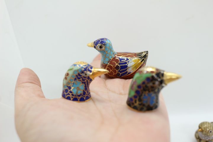 5 Peças Chinesas em Metal Cloisonné Codornizes, Patos e Pássaros