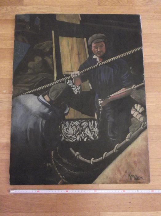 Quadro antigo pintado em tela (pescadores), assinado Marin.