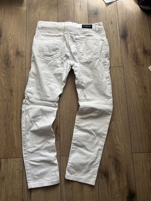 Balmain Biker Jeans White Distressed Pants Slim Fit spodnie